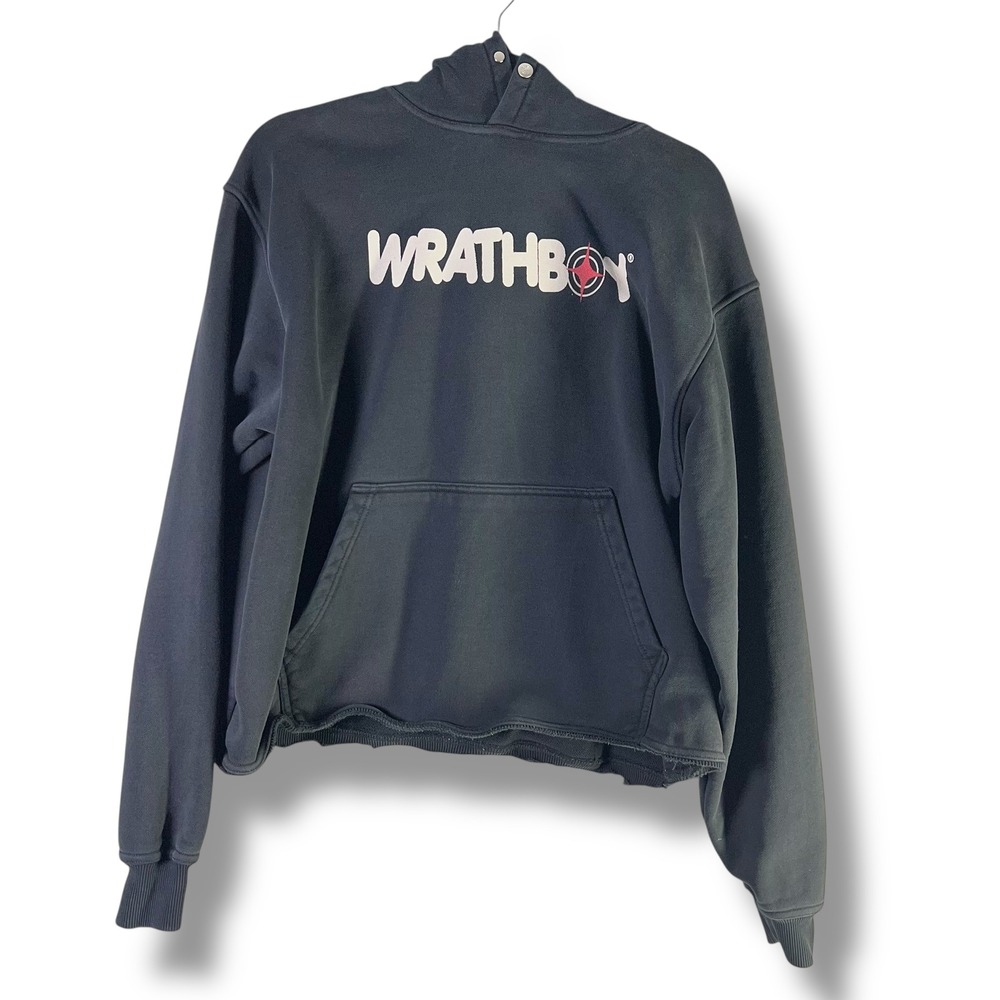 WRATHBOY‎ Sz Medium Graphic Hoodie Distressed Cropped Raw Hem Grunge Distressed